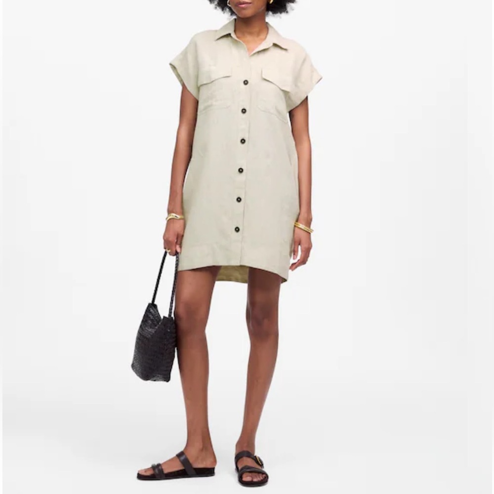 Madewell Beige Linen Button-Front Utility Shirt Dress
